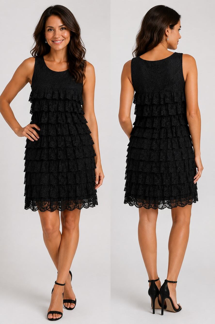 August Silk Options Black Tiered Lace Ruffle Cocktail Dress Size L